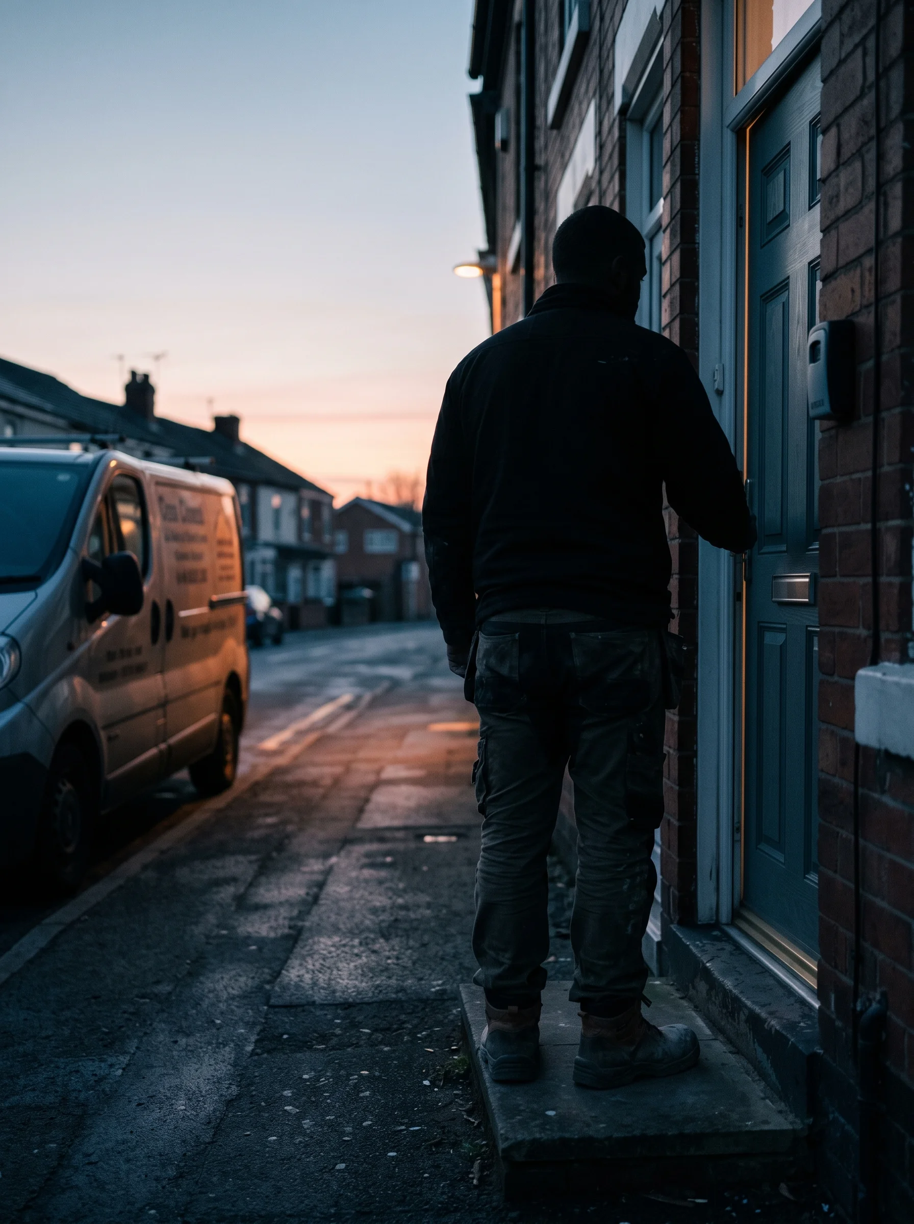 Silhouette of a locksmith at a front door at first light, his van parked behind him