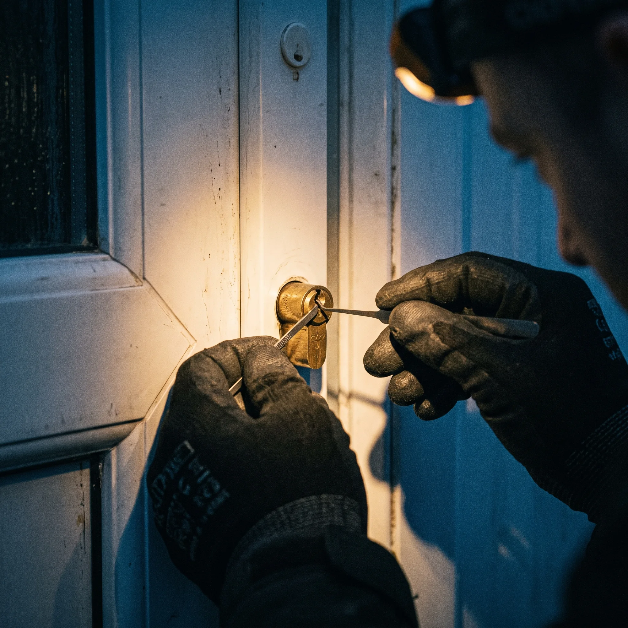 Close-up of gloved hands working a lock pick and tension wrench in a brass euro cylinder under a headtorch beam