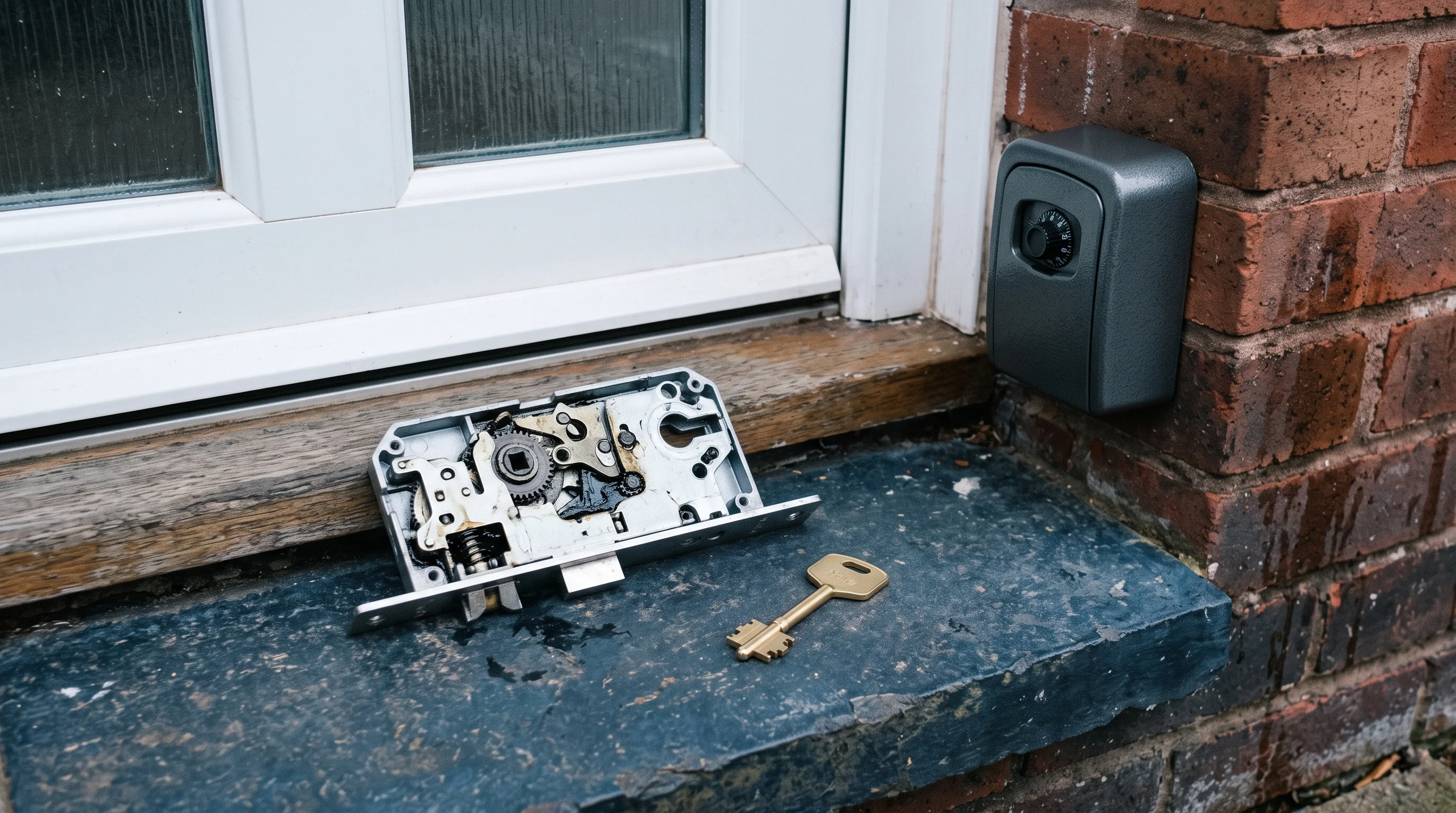 A uPVC multipoint gearbox and a freshly cut key laid on a doorstep, with a small grey key safe fixed to the wall beside the front door