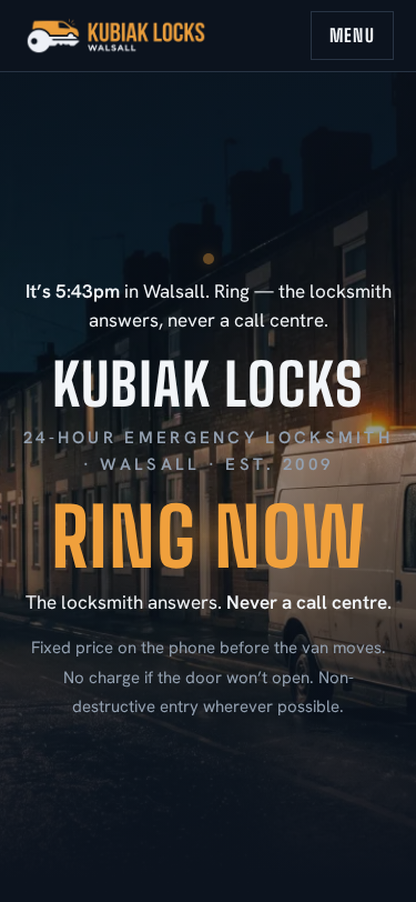 Kubiak Locks home page on a phone